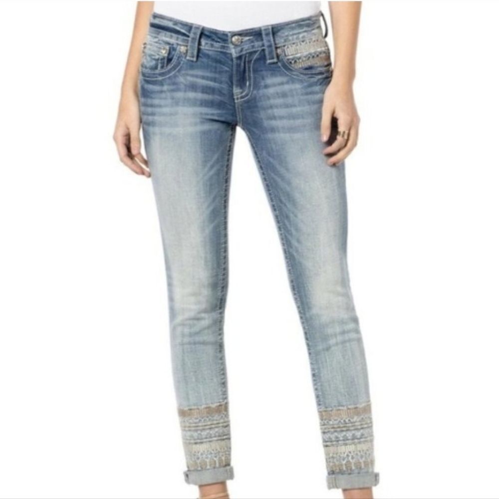Miss Me Embroidered Cuffed Skinny Jeans